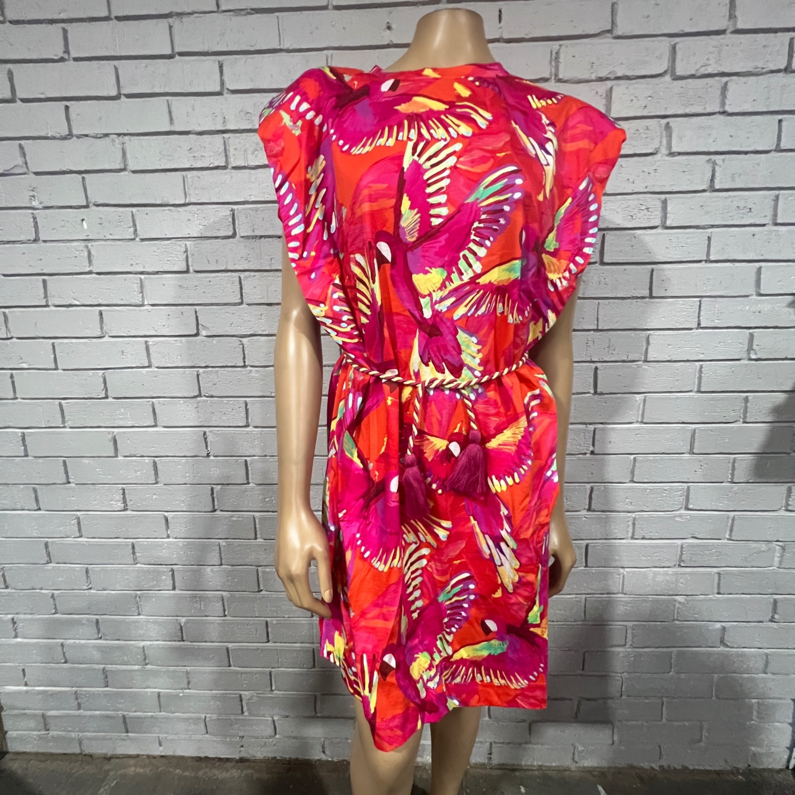Farm Rio Flying Birds Orange Organic Cotton Jersey Mini Dress Xl Padded Shoulder